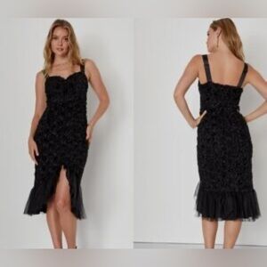Lulus XS Black Rosette Midi dress with Ruffle Mesh‎ Hem and Satin Steaps